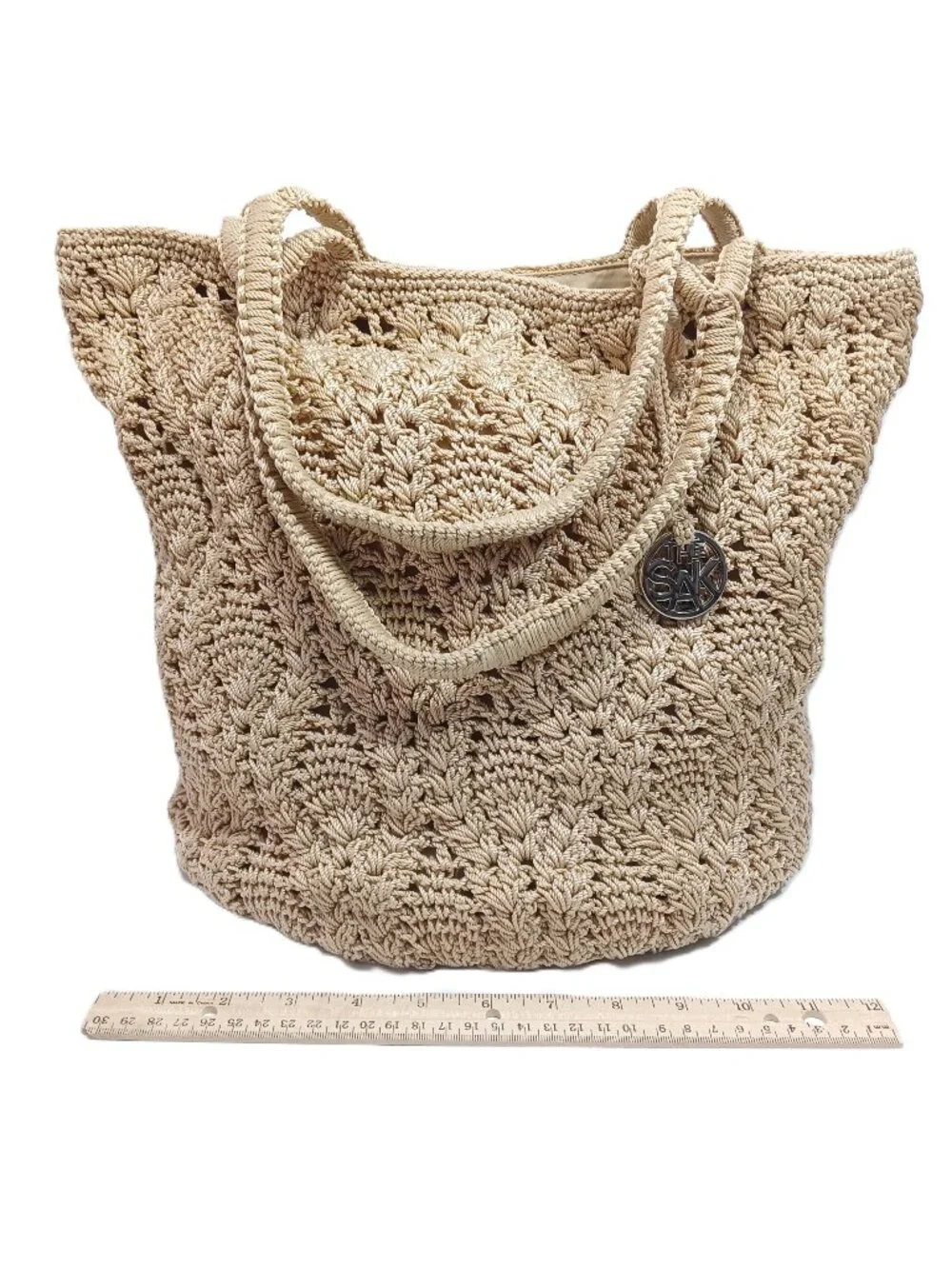 The Sak Hand Crochet Tan Shoulder Bag Double Strap 10"x12"x9" with 9" drop - Picture 9 of 9